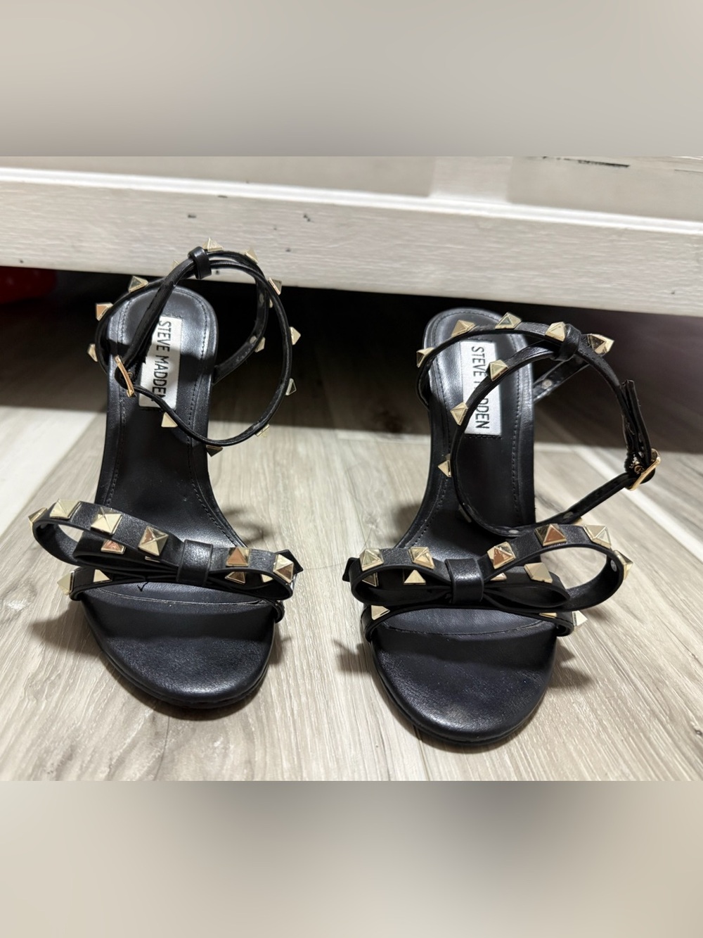 Steve Madden Black Pyramid-Stud Bow Ankle-Strap Heels